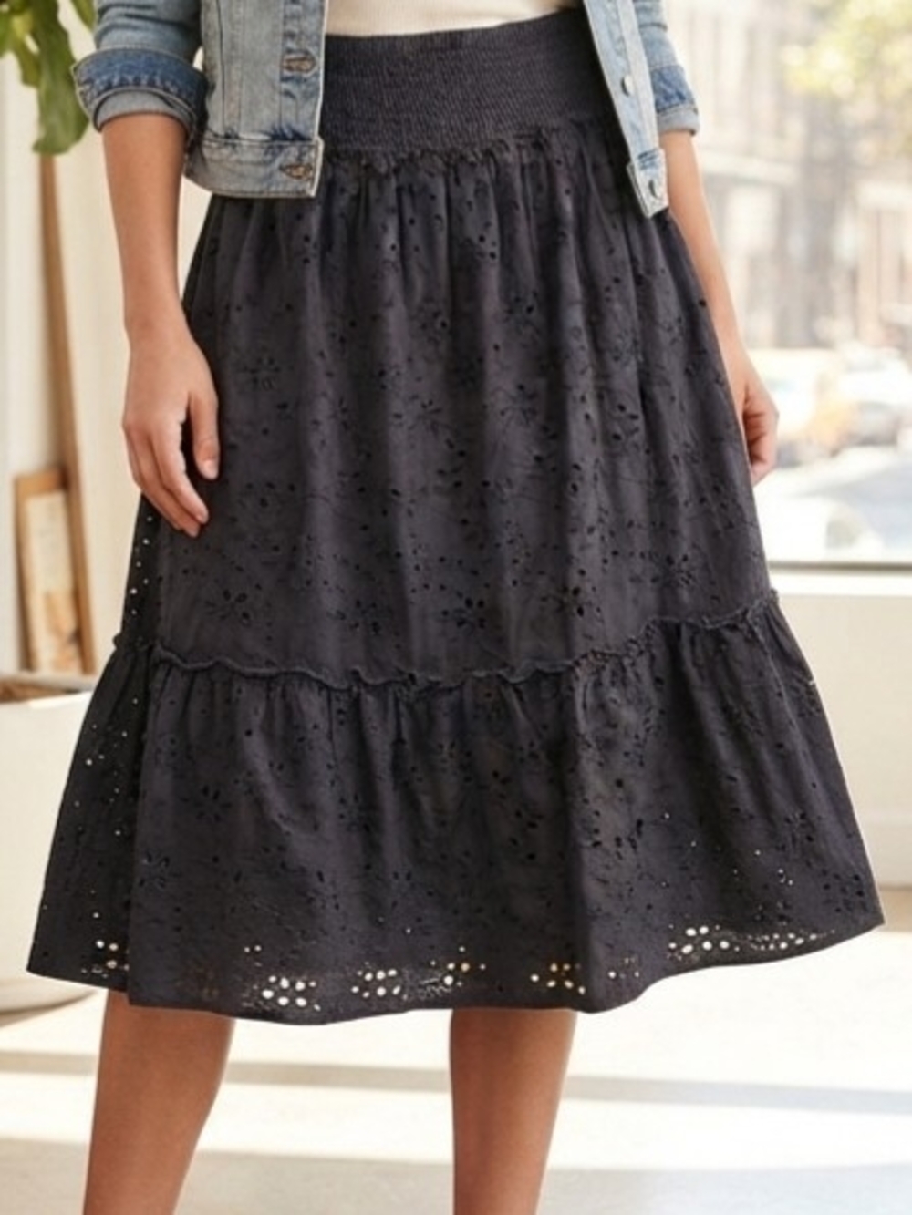 House of Harlow 1960 Black Eyelet Tiered Midi Skirt Size XL